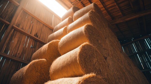 A conical stack of golden hay bales inside a rustic wooden barn.