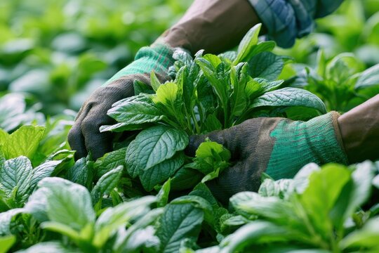 Farmer hands harvesting organic mint in a lush garden with macro photography and beautiful bokeh for sustainability and agriculture marketing
