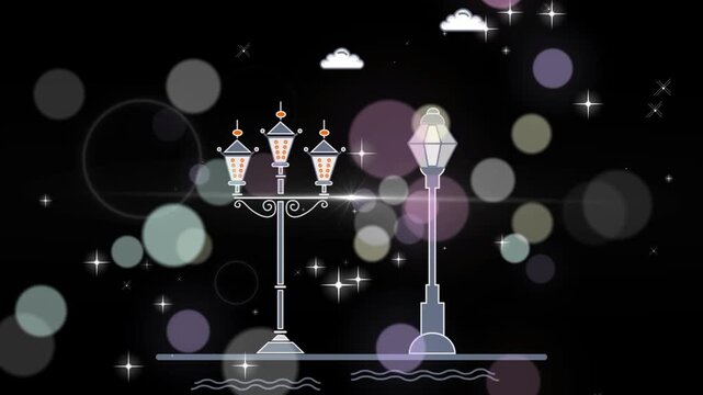 Street lamps stand against a dark night sky filled with soft bokeh circles and twinkling stars to create a romantic and serene atmosphere in an urban park setting during the late evening hours.