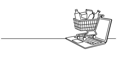 Black and white line art illustration of a shopping cart filled with groceries sitting on top of a laptop screen for online grocery shopping concept Vector, illustration © Nano Creator