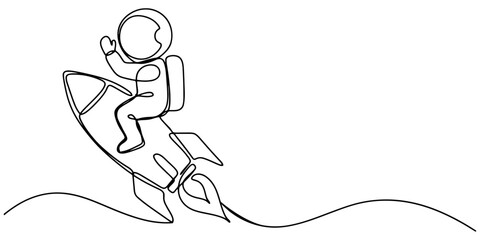 Continuous single line drawing of an astronaut riding a flying rocket ship waving hand isolated on white background Vector, illustration © Nano Creator