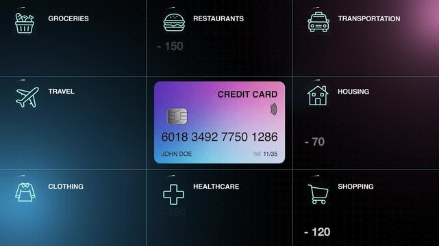 Holographic glossy credit card on dark futuristic digital dashboard with category icons and purple-blue neon glow