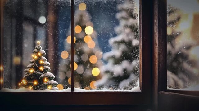 Blurred Snowy Outdoor Scene with Christmas Lights Seen Through Window