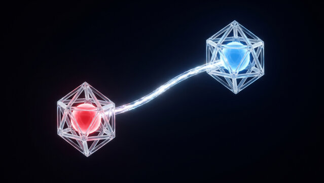 ゼロ重力空間で量子球体を保持する幾何学ノード間のテレポーテーションを示す物理実験CG