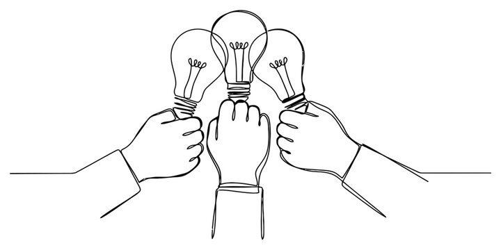 Continuous line drawing of three hands holding light bulbs together representing teamwork and creative ideas Vector, illustration