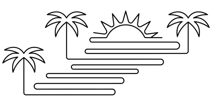 Minimalist continuous line art design with palm trees and a rising sun isolated on a white background Vector, illustration