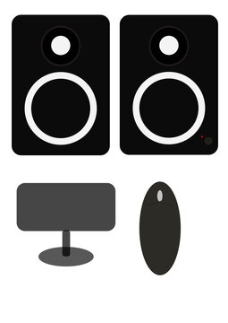 Minimal music production studio and computer desktop equipment vector icon set, Modern desktop computer with monitor speakers and mouse vector illustration