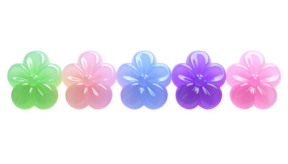 Fototapeta premium PNGMURNI--transparent background Firefly A row of five glossy 3D jelly flower shapes in pastel pink, mint green, lavende