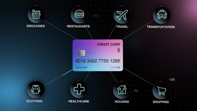 Floating purple credit card amid neon grid with circular category icons in a dark cyberspace backdrop