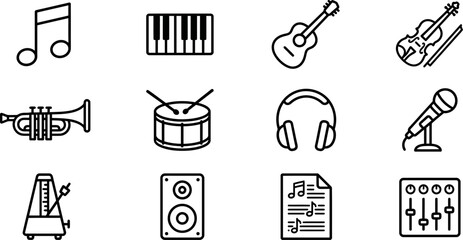 Collection of hand drawn musical instrument and equipment icons. © gita