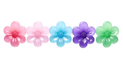 Fototapeta premium PNGMURNI--transparent background Firefly A row of five glossy 3D jelly flower shapes in pastel pink, mint green, lavende