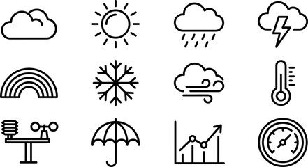 Obraz premium Set of twelve weather and climate related line art icons.