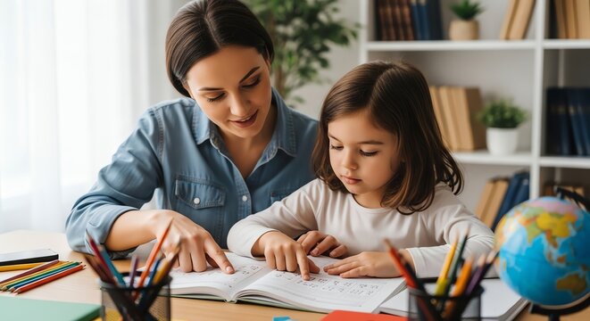 Woman points to book while girl studies at desk with globe