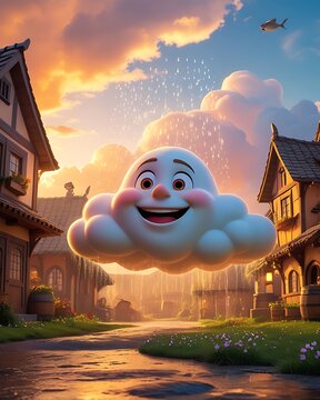 Cheerful cartoon cloud floating village sunset skyline pictures