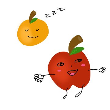 illustration of the extroverted apple character and the introverted orange character