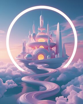 Dreamlike floating fantasy castle heavenly pathway wallpaper images