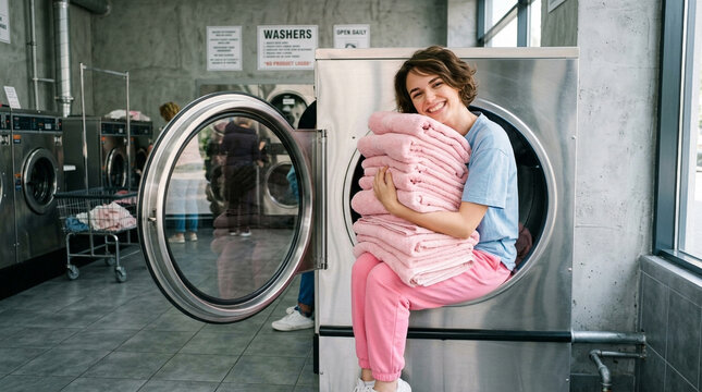 Happy young woman holding a stack of fresh clean pink towels while sitting inside a large industrial laundry machine door