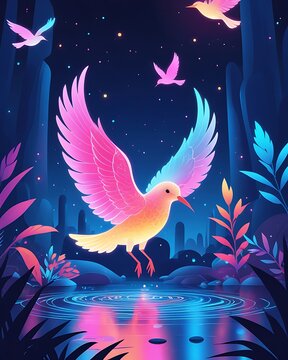 Enchanted luminous bird flock magical forest reflections images