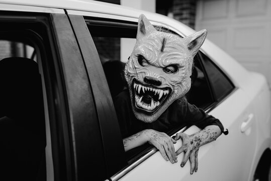 Portrait of a child wearing a Halloween werewolf mask, leaning out of a car window; Australia