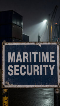 Weathered maritime security sign in a dim industrial harbor with shipping containers, cranes, fog, and bright work lights at night.