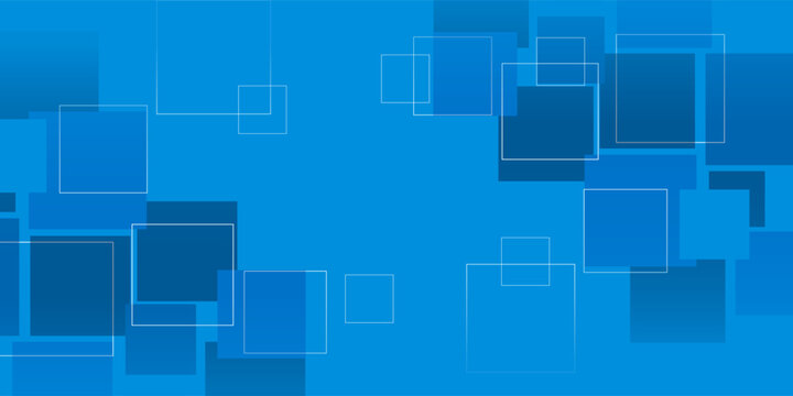 Futuristic tech inspired wide scale vector illustration featuring overlapping translucent squares in various shades of blue. Ideal for website headers, digital presentations, corporate branding