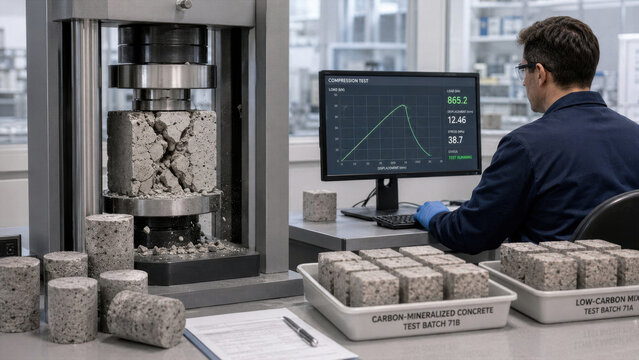 Testing concrete strength in a laboratory setting using a compression machine and data analysis on a computer screen