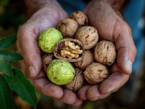 hands holding fresh walnuts and green husks
