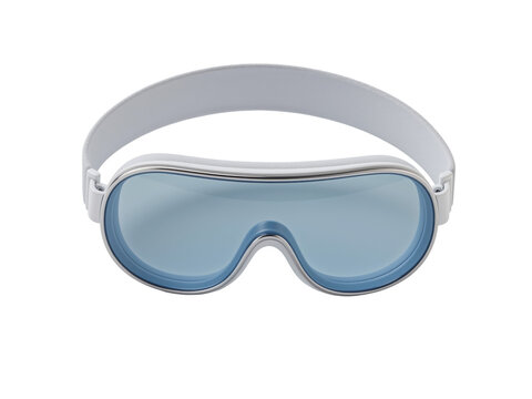 White smart goggles with blue lenses on transparent background