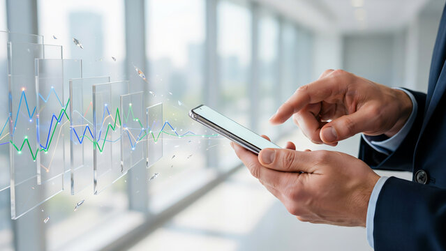 Close up of businessman hands holding smartphone with futuristic holographic line charts and data screens in bright corporate office background