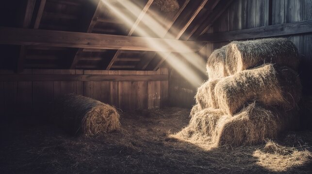A conical stack of golden hay bales inside a rustic wooden barn.