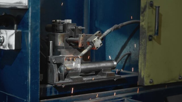 Automated resistance welding of automotive suspension bracket with visible sparks and arc in enclosed production cell