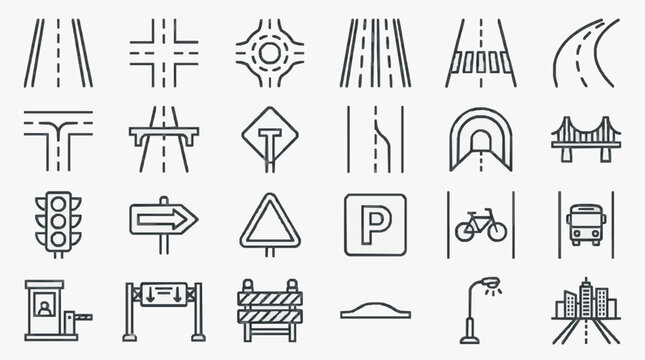Sleek Minimalist Black and White Line Icons Set of Urban Road Traffic and City Infrastructure Symbols