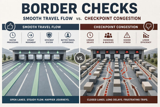 Split infographic comparing smooth border checkpoint travel flow with congested lanes, delays, crowding, stress, and lower efficiency.
