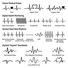 Obraz premium Comprehensive collection of rhythmic heartbeat line vectors with iconic heart symbols illustrating cardiology medical pulse monitors ecg ekg wave patterns for healthcare diagnostic design.