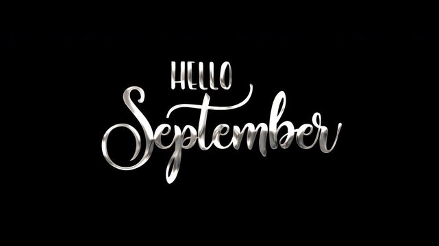 White stylish hello september text on black background, suitable for september promotions, social media posts, calendars, and autumnthemed designs.
