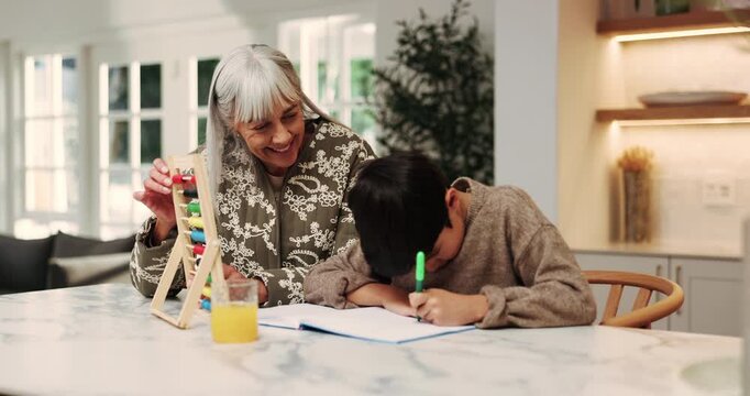 Grandmother, helping and child in home with abacus, math lesson or counting for education. Senior woman, tutor and kid at house with notebook, learning support and calculating beads for study session