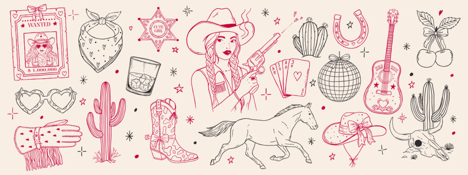 Hand drawn cowgirl whimsical collection. Western girl, wanted poster, boots, horse, disco ball, guitar, playing cards and bull skull. Coquette retro elements. Girly rodeo aesthetic.