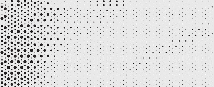 Abstract panoramic halftone texture backdrop with flowing black dots on a white background. Suitable for trendy minimalist digital pattern