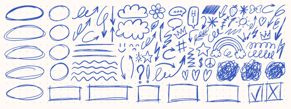 Scribble doodle collection. Crayon arrows, hearts and circles. Rough chalk textures in playful kids style. Funky naive brush elements for notebooks and collages.