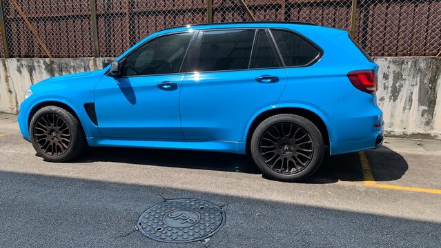 Selangor, Malaysia July 03th 2026- This blue BMW X5 M (F85) features a distinctive bright blue paint finish