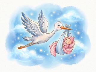 Fototapeta premium A whimsical watercolor illustration of a friendly stork carrying a cute newborn baby wrapped in a soft pink blanket through a magical starry night sky