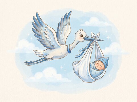 A whimsical illustration of a stork carrying a newborn baby boy wrapped in a blue swaddle blanket flying through a soft dreamy sky with clouds