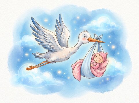 A whimsical watercolor illustration of a friendly stork carrying a cute newborn baby wrapped in a soft pink blanket through a magical starry night sky