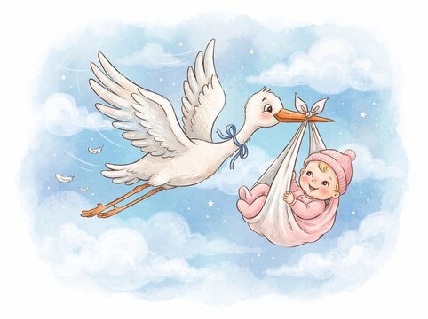 A whimsical watercolor illustration featuring a stork carrying a happy newborn baby girl in a swaddle bundle through a dreamy sky full of clouds