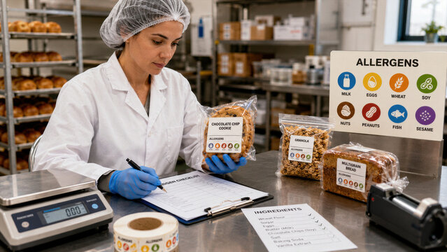Baker checks ingredient labels and allergen information in a kitchen while preparing food items for sale in the morning