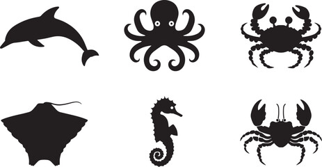 Marine Sea Animal Silhouette Icon Set Black Vector Collection © Balal