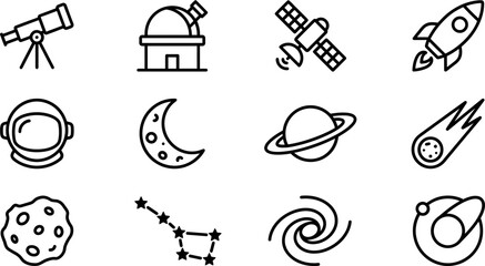 Set of simple black line art space and astronomy icons. © heri
