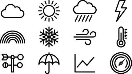 Obraz premium Set of black outline weather icons for meteorology and climate forecasting.
