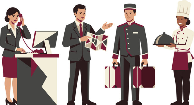 Hotel staff and hospitality professionals group including receptionist manager bellboy and chef flat vector illustration