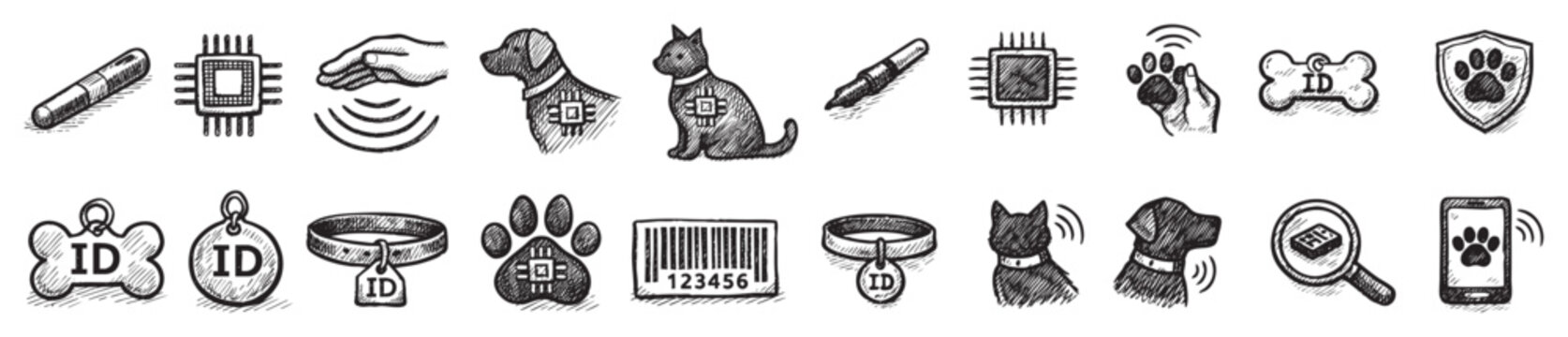 Hand-drawn black and white icons illustrating pet microchipping and identification, including chips, collars, and tags on a clean background